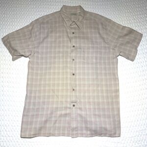 LL Bean Mens Large Short Sleeve Plaid Button Down Shirt Tan Cotton Outdoors
